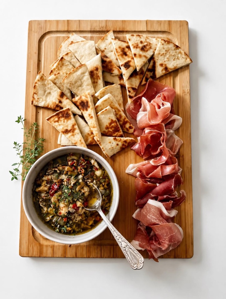 Planche de bois avec naan grillé, prosciutto et un bol d'antipasto piquant Chuck Hughes
